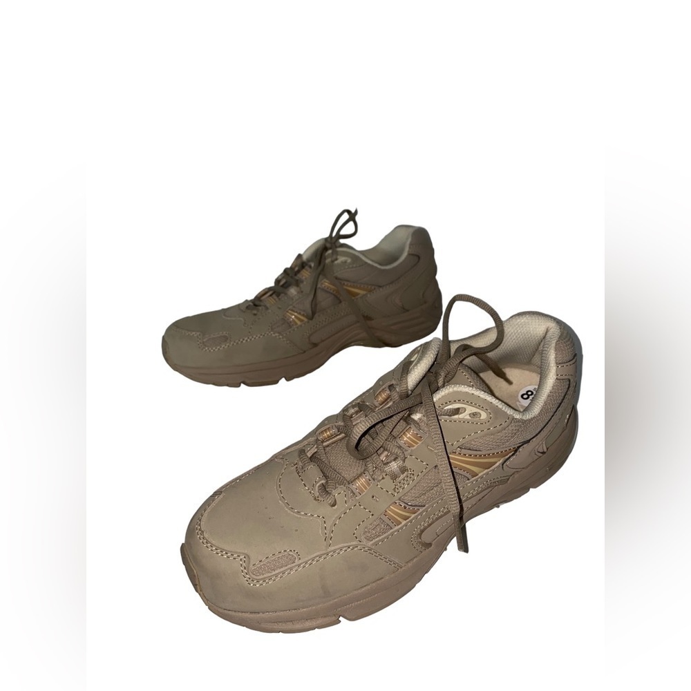 Vionic23 Leather Sneakers Oatmeal Gold Suede Round Toe Lace Up Shoes Women 8
